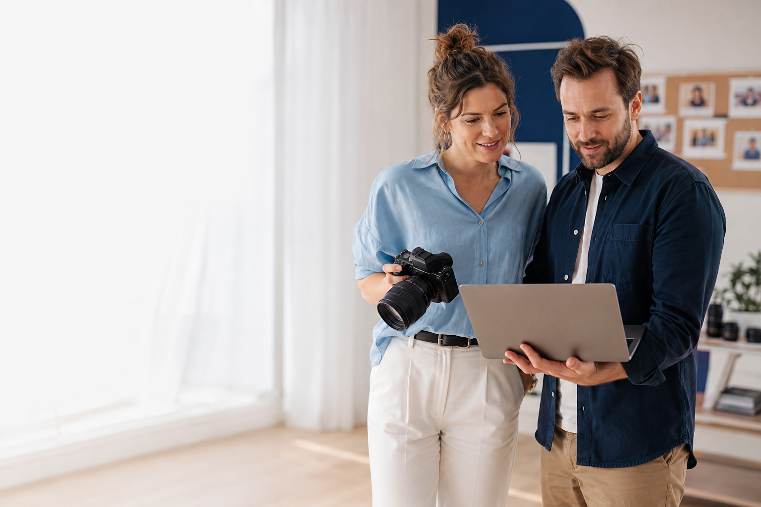 Zwei Fotograf:innen schauen gemeinsam auf einen Laptop